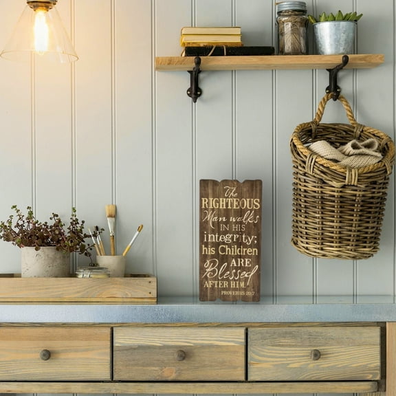 The Righteous Man Proverbs 20:7 Small 12x6 Fence Post Wood Look Wall Art Plaque