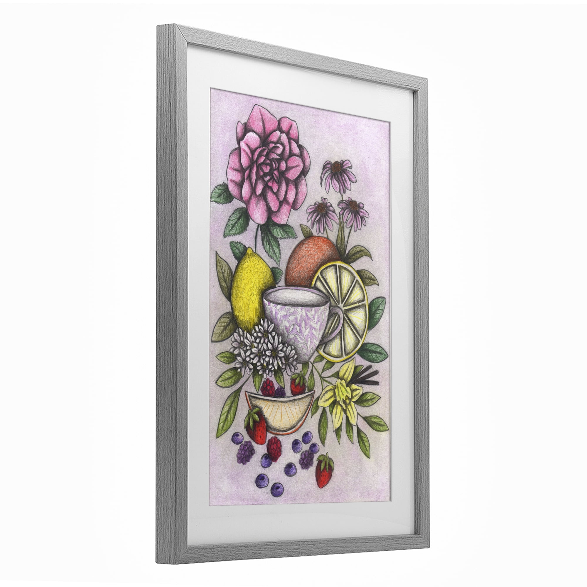 Rococo Tea with Fruits Gray Framed Print Under Glass, design by Cecilia Battaini