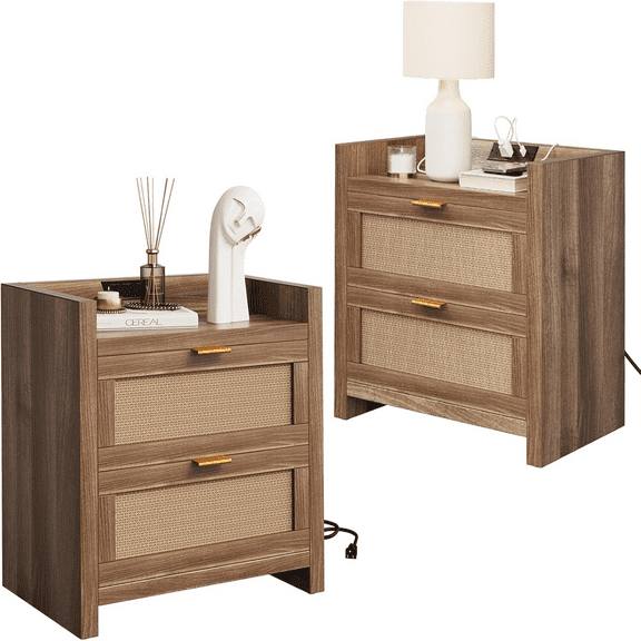 Set of 2 Rattan Nightstand with Charging Station,Boho Modern Bedside Tables with 2 Drawers for Bedroom Living Room