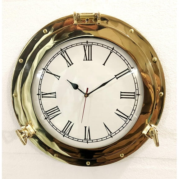 15" Antique Marine Solid Brass Ship Porthole Analog Clock Nautical Wall Hanging Clock Home Decor