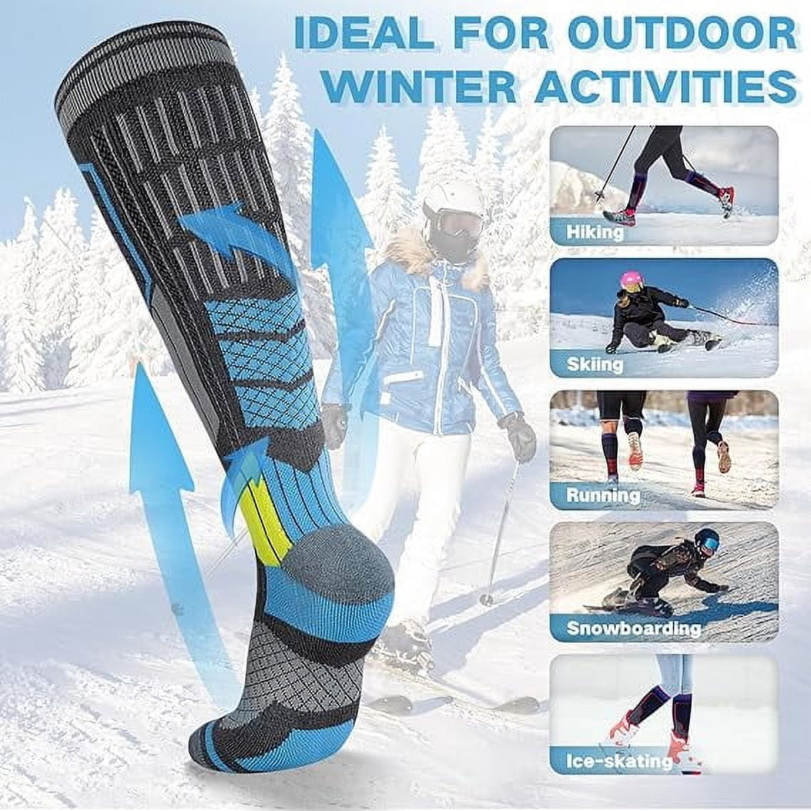 2 Pairs Merino Wool Ski Socks, Men Women Compression Snowboard Winter Thermal Socks for Skiing, Snowboarding, Cold Weather, Winter (Greyblue USA Size 6.5-8)