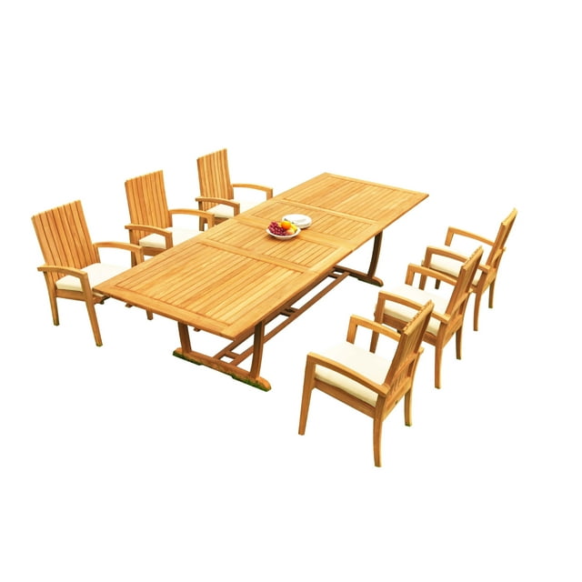 Grade-A Teak Dining Set: 6 Seater 7 Pc: 118" Mas Rectangle Trestle Leg Table And 6 Goa Stackng Arm Chairs Outdoor Patio WholesaleTeak #51GO1507
