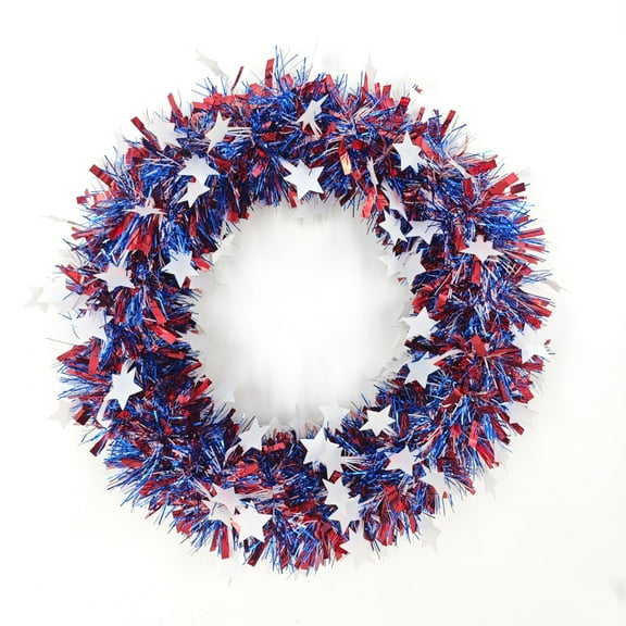 Pretty Comy July 4th Wreath Artificial Tinsel Star Wreaths Patriotic Wreath for Front Door Festival Garland Decoration Handcrafted Memorial Day Independence Day Decor