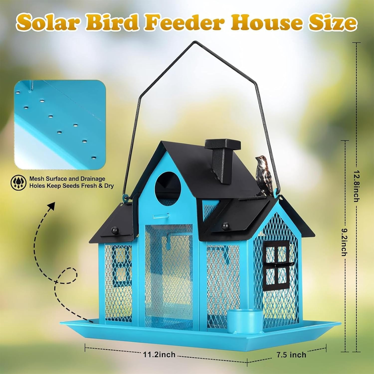 Solar Bird Feeders House for Outside Hanging, Metal Wild Bird Feeder for Outdoors Large Capacity Cardinal Birdfeeder Birdhouses Metal Bird Feeding Station Blue