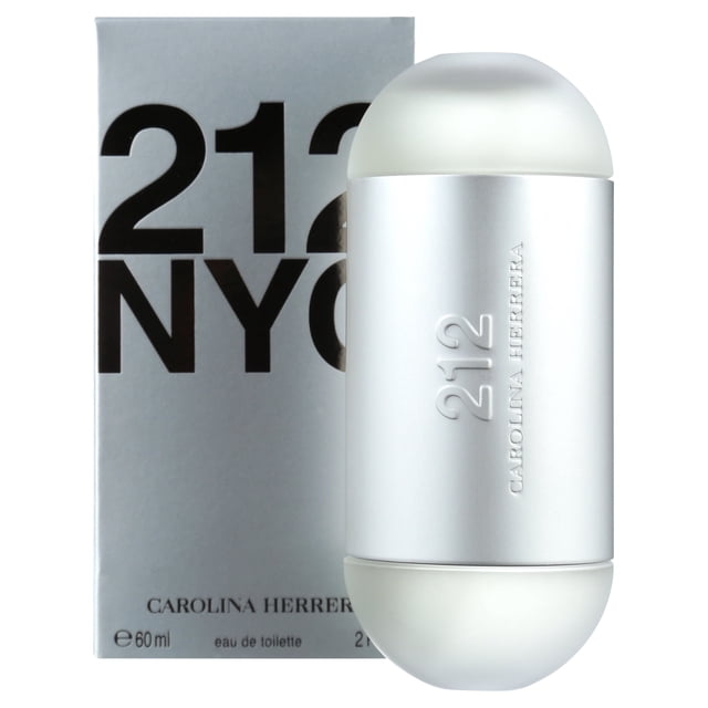 carolina herrera 212 eau de toilette perfume para mujer, 2 oz de tamaño completo botella cilíndrica plateada con tapón semiesférico mate frente a su caja gris con '212 NYC', perfume femenino floral ligero con matices de almizcle, a menudo usado como fragancia de día elegante.