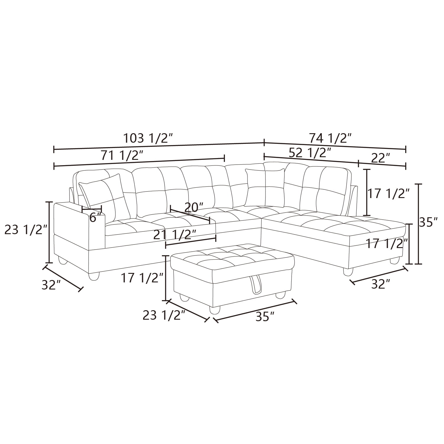 Hommoo Faux Leather L-Shaped Sectional Sofa, Modern 4-Seat Couches and Sofas Set, Living Room Furniture Sets for Home& Office, White(No Ottomans)