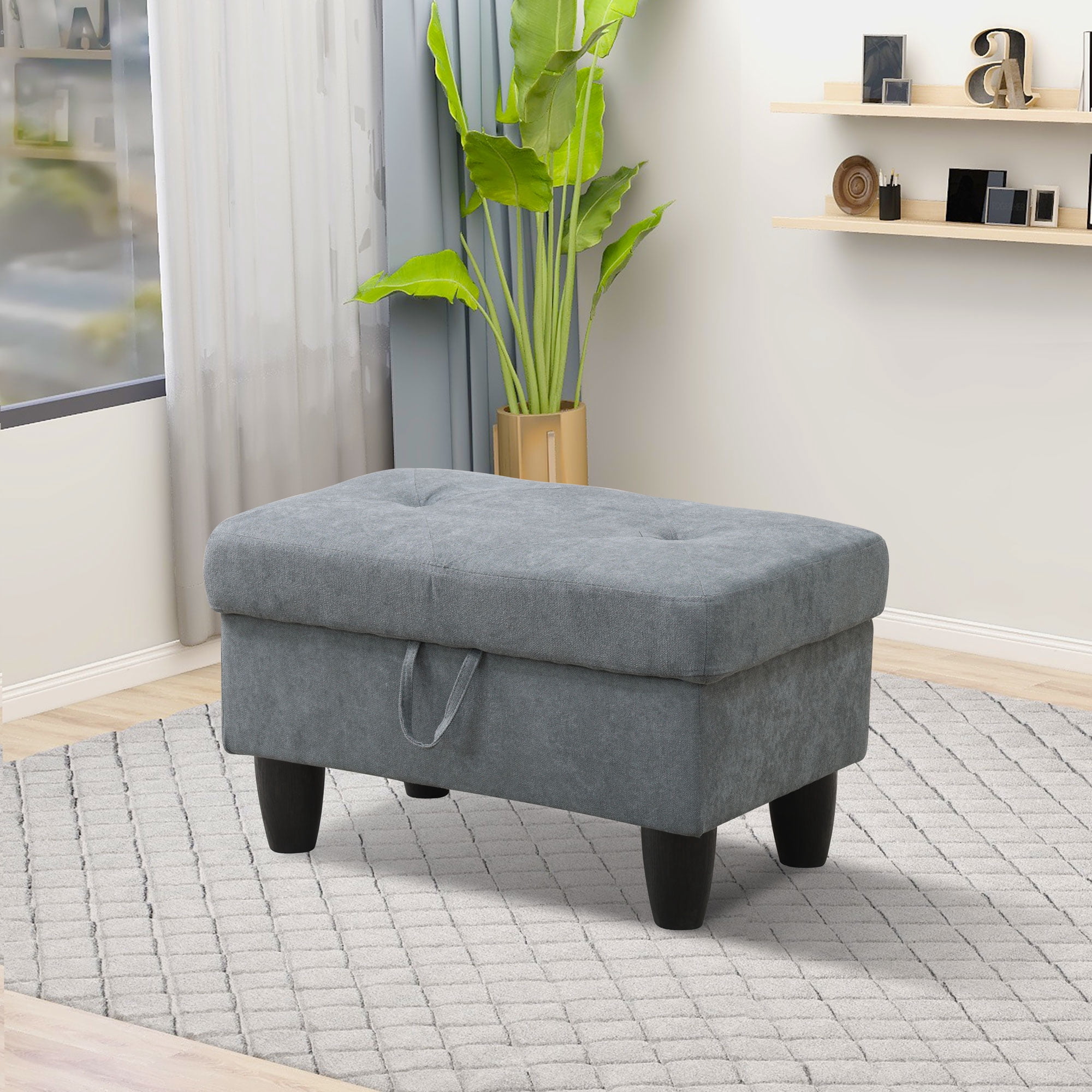 Gewnee 28.5" Storage Ottoman Bench Flannelette Upholstered for Living Room Bedroom Entryway Light Gray