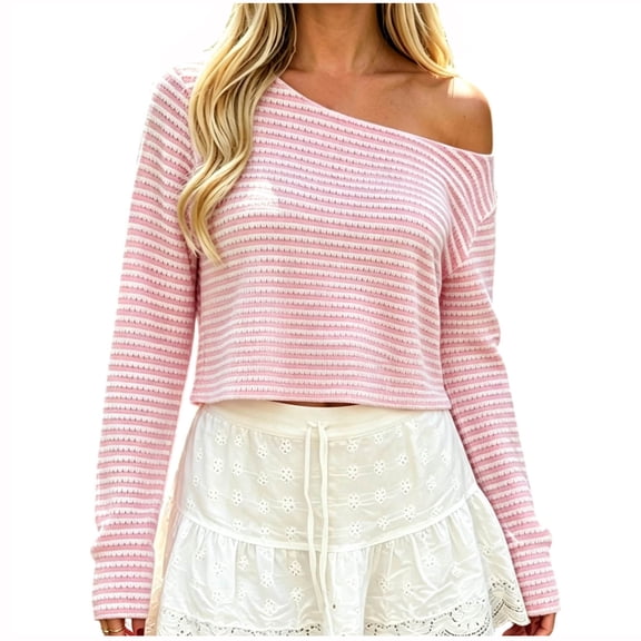 HTNBO Women One Shoulder Striped Long Sleeve Top Fall Going Out Tee Going Out Top Loose Fit Shirts