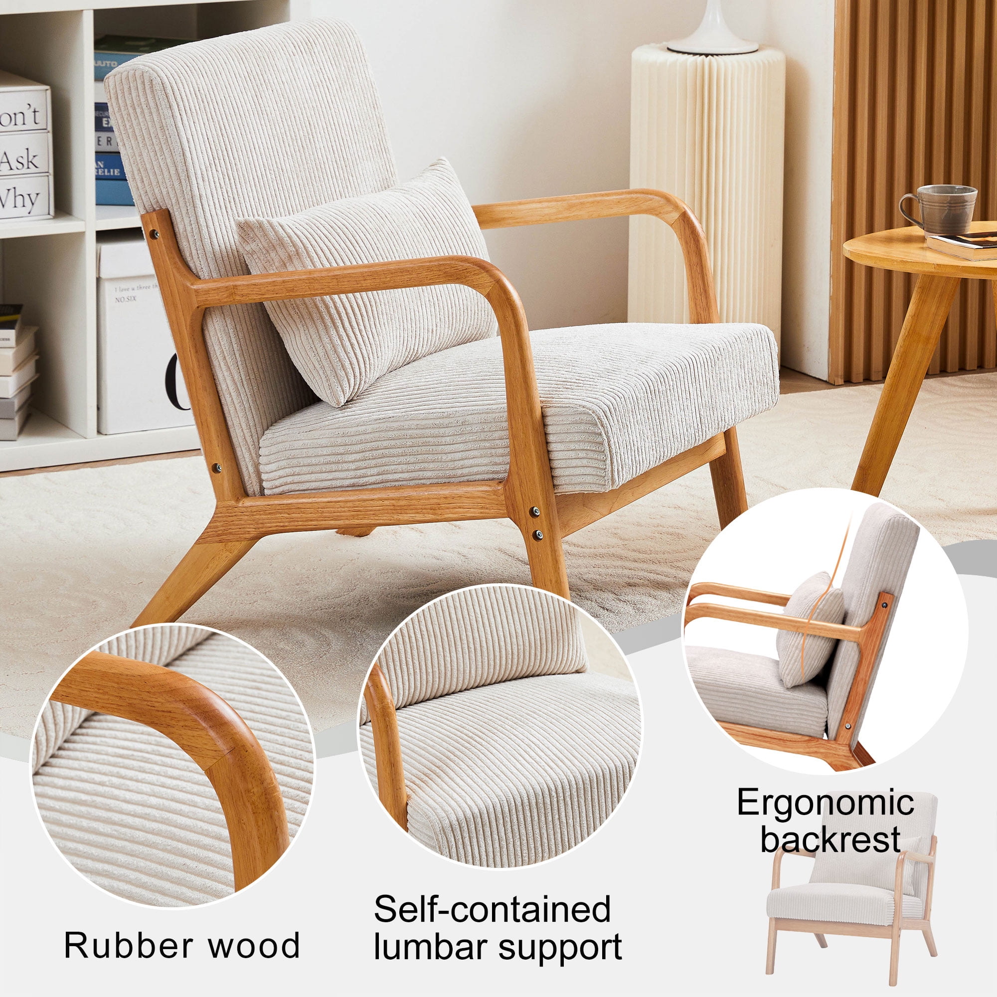 Leumius Modern Arm Chair Upholstered Reading Accent Chair with Pillow & Solid Wood Frame for Living Room Bedroom,Beige 02