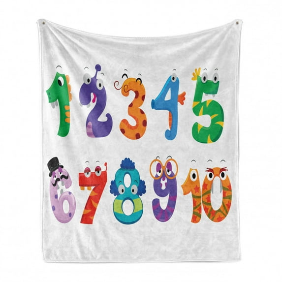Number Soft Flannel Fleece Throw Blanket, Math Signs as Funny Characters Monsters Giraffe Snake Childish Cartoon, Cozy Plush for Indoor and Outdoor Use, 70" x 90", Multicolor, by Ambesonne