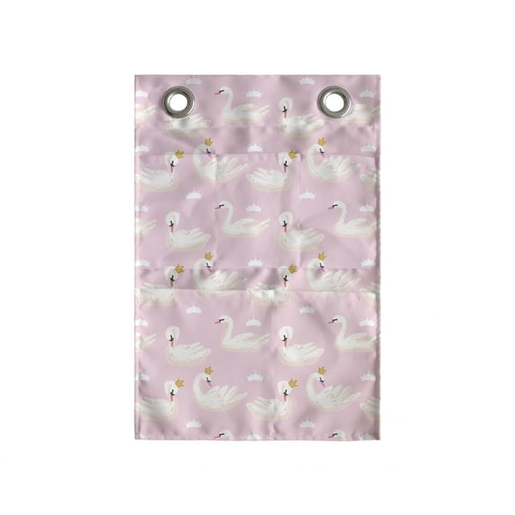 Swans Hanging Pocket Organizer, Repetitive Aquatic Royalty Bird with a Crown, Printed Polyester Storage Bag with Pockets, 14" x 20", Pale Pink Cream
