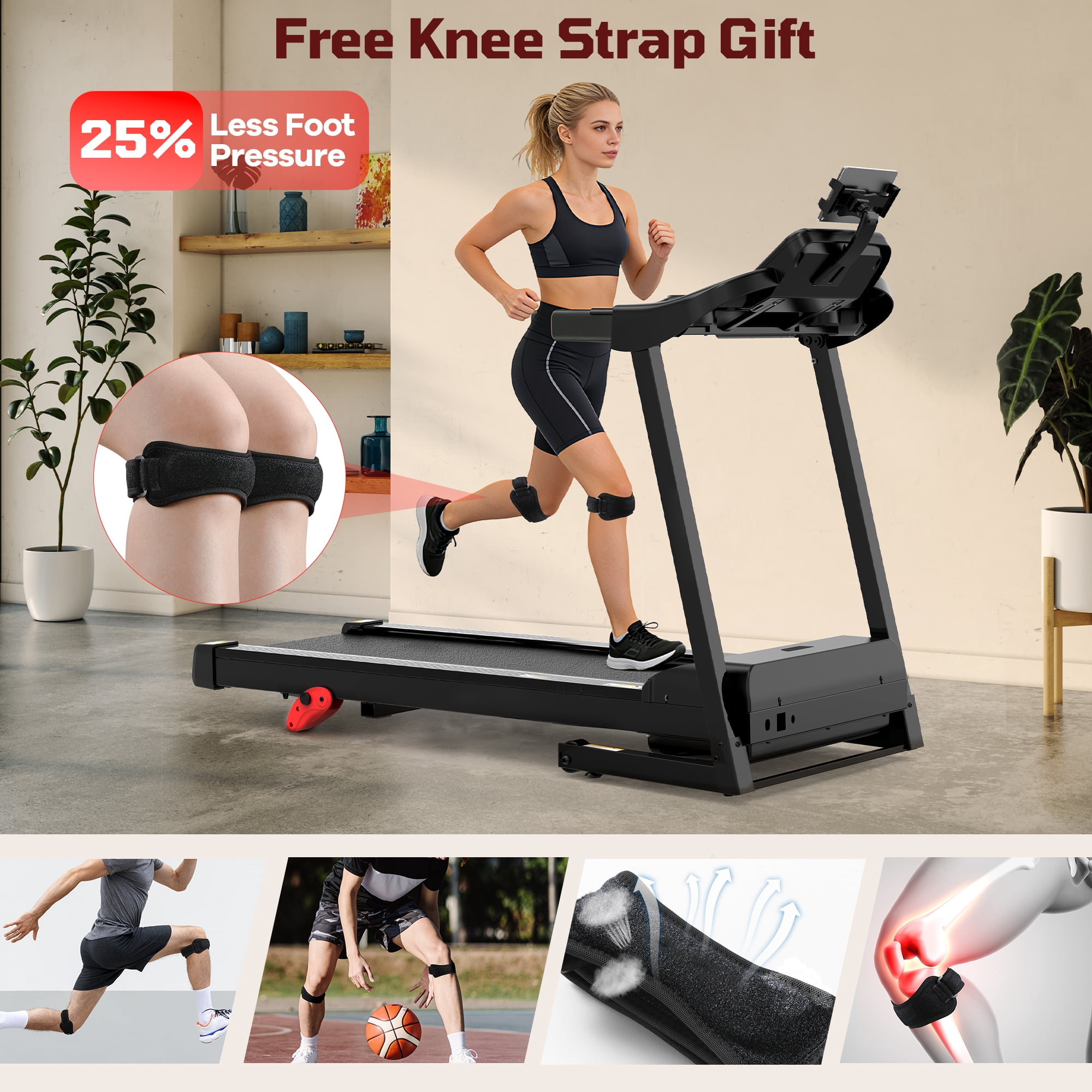 3.5HP Folding Treadmill, 300-400lb Capacity, 12% Incline Treadmills for Home Running and Walking Max 7.5MPH Speed, Foldable Treadmill Running Machine with APP & Bluetooth