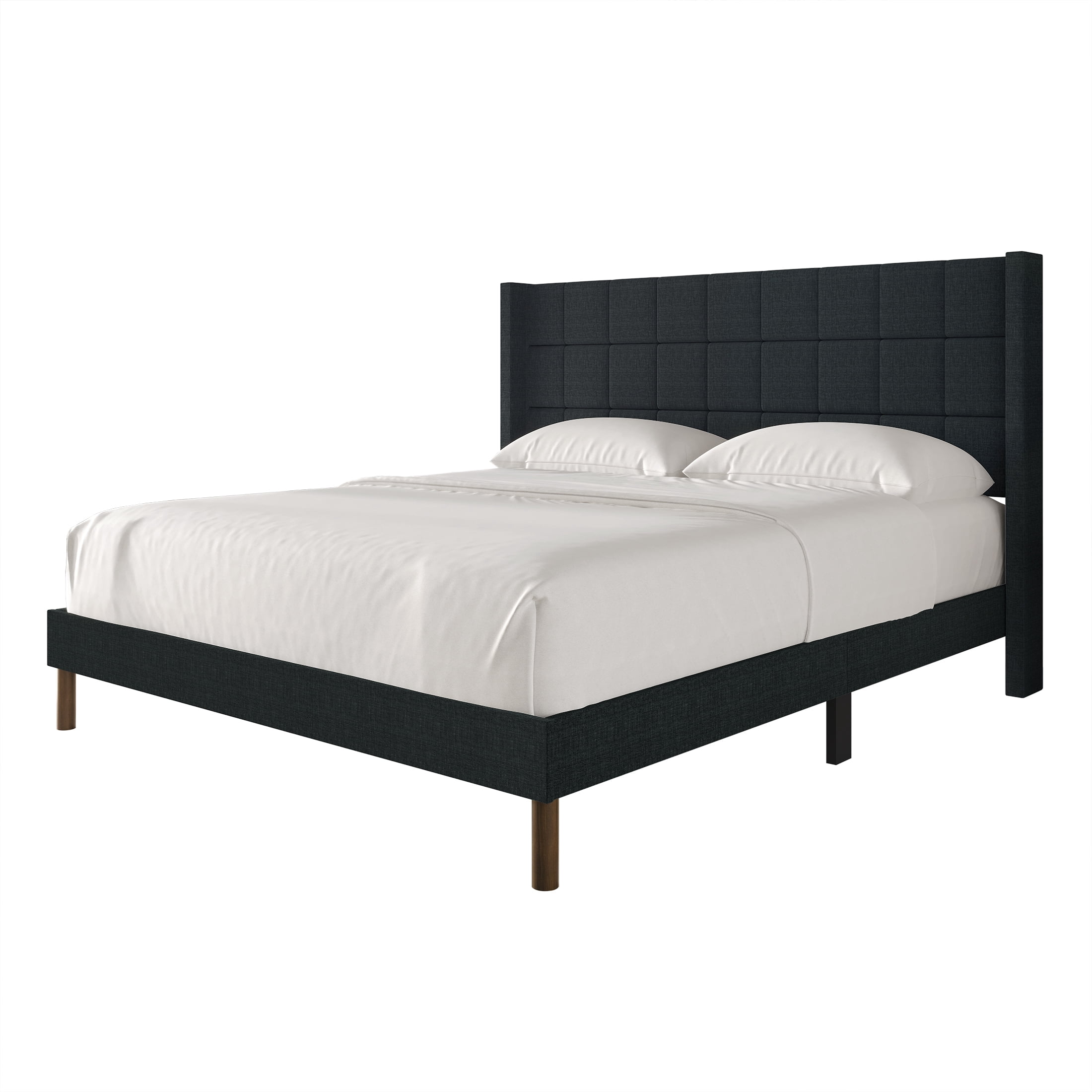 Castle Place Square Grid Stitched Linen Wingback Twin Platform Bed, Charcoal Grey