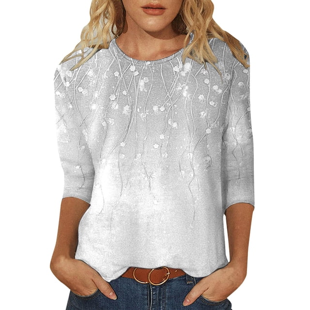 Hauts de Printemps pour Femmes Imprimé Décontracté à Sequins Col Rond Manches Trois-Quarts Gris L