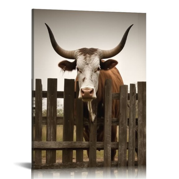 Acheng Bathroom Decor Wall Art - Texas Longhorn Cow Painting Farmhouse Rustic Style Western Wall Decor,Cute Animals Prints Artwork Ready To Hang for Living Room,Restroom,Bedroom   12x16 in