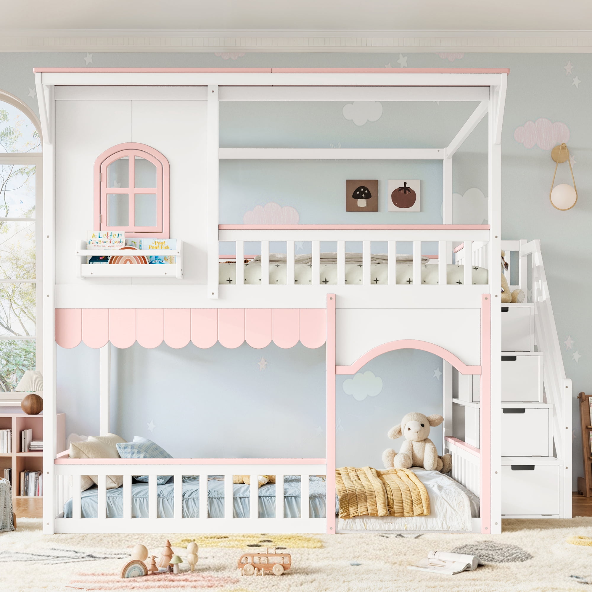 HOQBN Full over Full House Bunk Bed with Storage Stairs, House Bunk Bed with Window & Side Bookshelf, Solid Wood Bed Frame with Play Designed, Convertible Lower Space for Sleep or Play, White+Pink