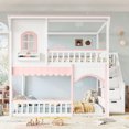 thumbnail image 3 of HOQBN Full over Full House Bunk Bed with Storage Stairs, House Bunk Bed with Window & Side Bookshelf, Solid Wood Bed Frame with Play Designed, Convertible Lower Space for Sleep or Play, White+Pink, 3 of 9
