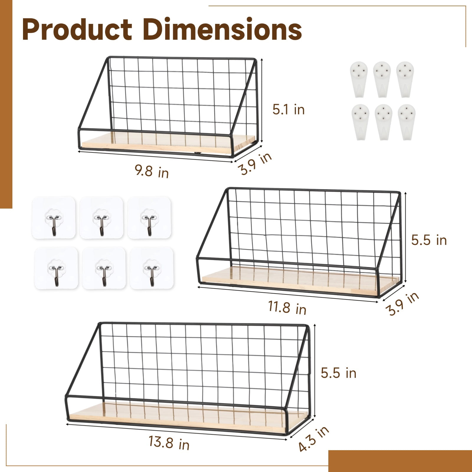 Decorative Shelf, 3 Pcs Floating Shelves for Wall No Drill Wall Mounted Wood Shelf with Metal Rail, Wire Frame Rustic Wall Decoration for Kitchen, Bathroom, Bedroom, 13.8/11.8/9.8 in Black