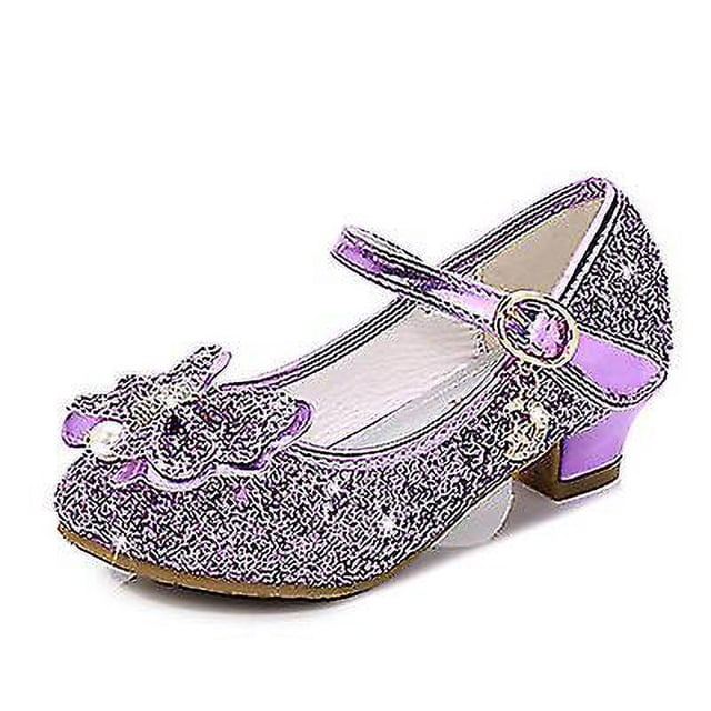 Zapatos de princesa para niñas, Nudo de mariposa, lentejuelas de tacón alto, antideslizantes, zapatos de fiesta de rendimiento, zapatos de cuero de cristal para niños