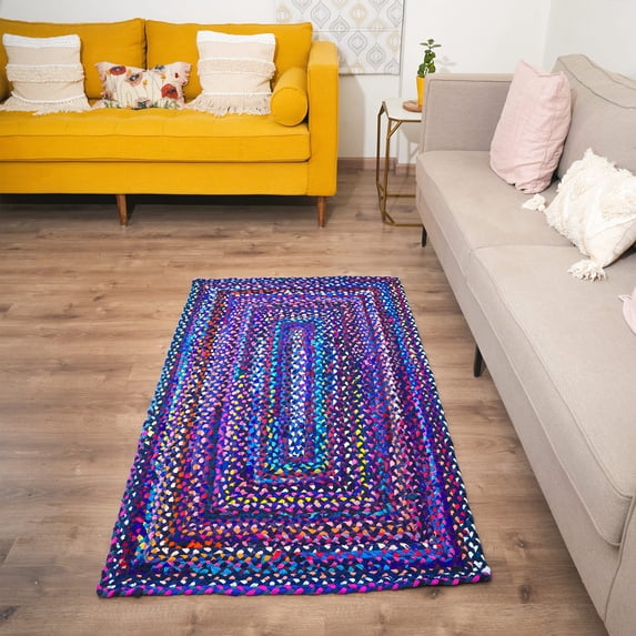 RAJRANG BRINGING RAJASTHAN TO YOU Boho Runner Rug 24 x 36 Inches Reversible Hand Braided Cotton Chindi Multi Blue Area Rug