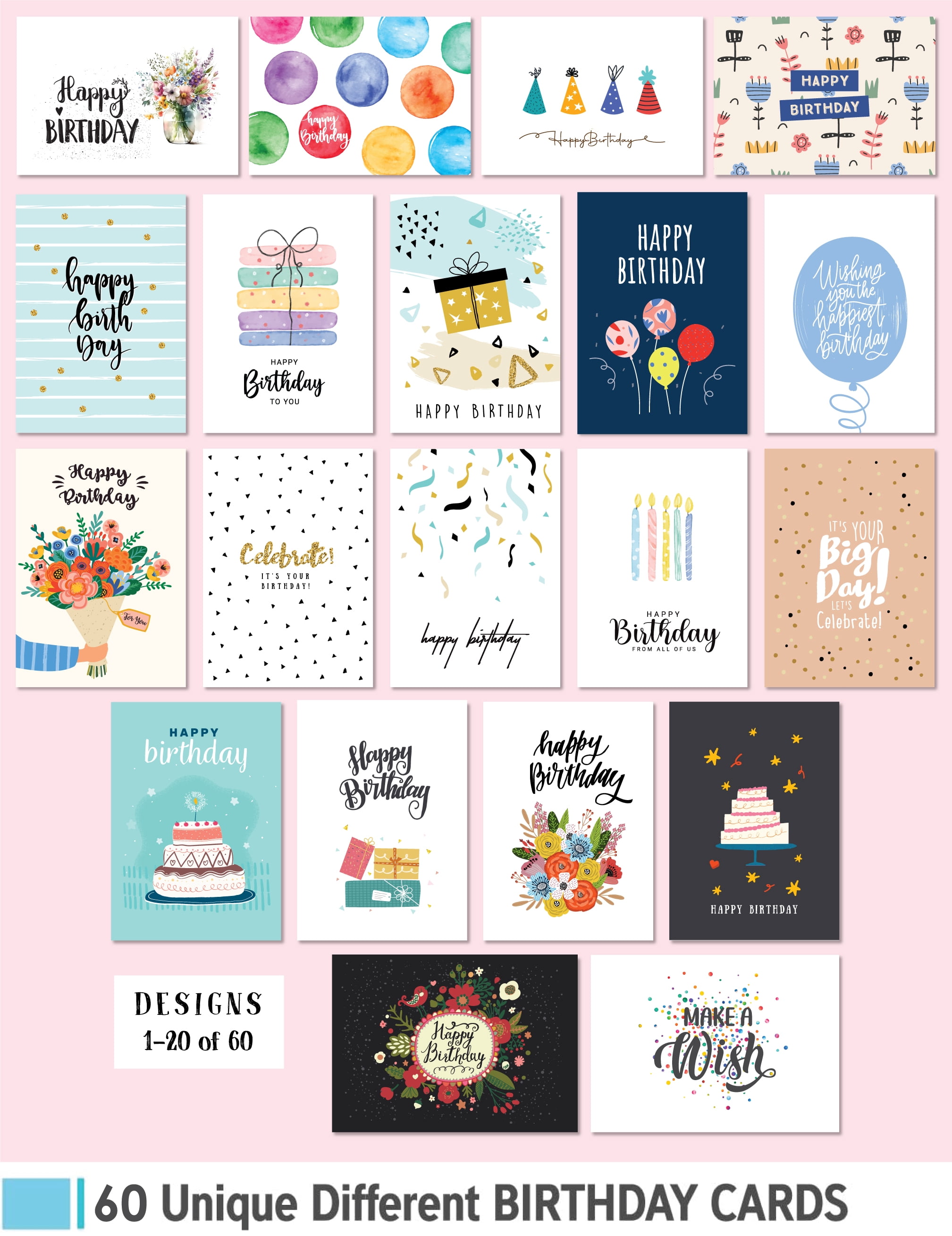 60 Happy Birthday Cards 5x7 Bulk, Unique Designs with Envelopes