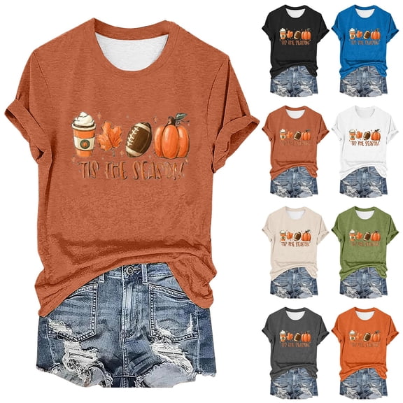 WHEANG T Shirts for Women Tis The Season Letter Print Crew Neck T Shirt Pumpkin Maple Leaf Graphic Casual Thanksgiving Halloween Short Sleeve Tops for Women Size M Red