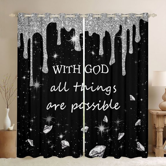 Homewish Glitter Ice Cream Drip Kitchen Curtains for Girls, With God All Things Are Possible Print Black Out Curtains Pack of 2 (42x63 Each), Gray Black