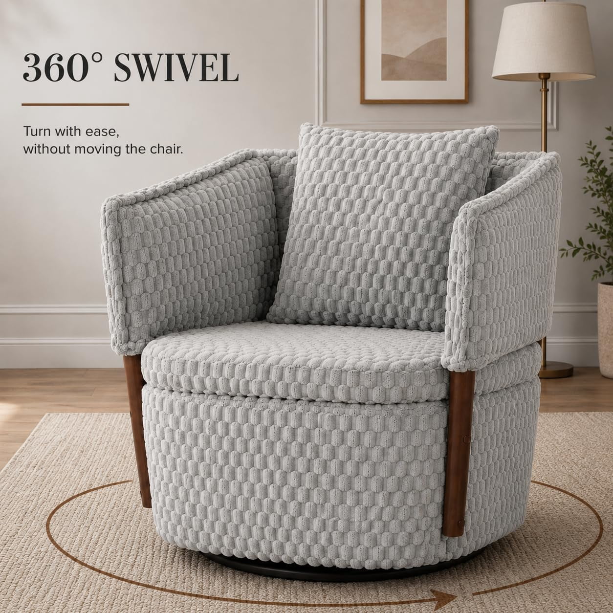 MOONIMSS 360°Swivel Accent Chair, Corduroy Vanity Chair with Storage,Gray