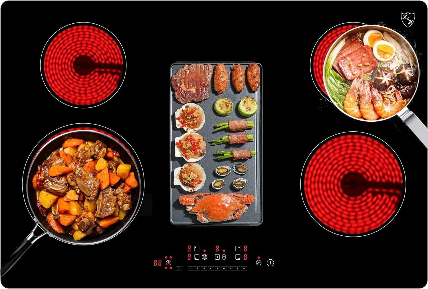 K&H German Designed 5 Burner 30 Inch Built-in Electric Stove Top Radiant Ceramic Kitchen Cooktop Touch Control 240V 8600W CE30-8608