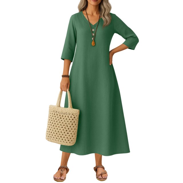 Robe Tailleur pour Femme Robe pour Femmes Longue Robe Bohème de Plage Élégante Robe Maxi Robe à Col en V Robe à Manches 3/4 Vert Foncé L