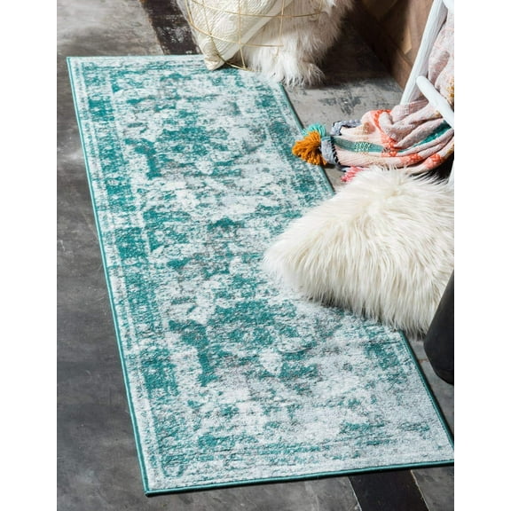 Sofia Collection Area Rug - Salle Garnier (2' x 6' 9" Runner, Turquoise/ Blue)