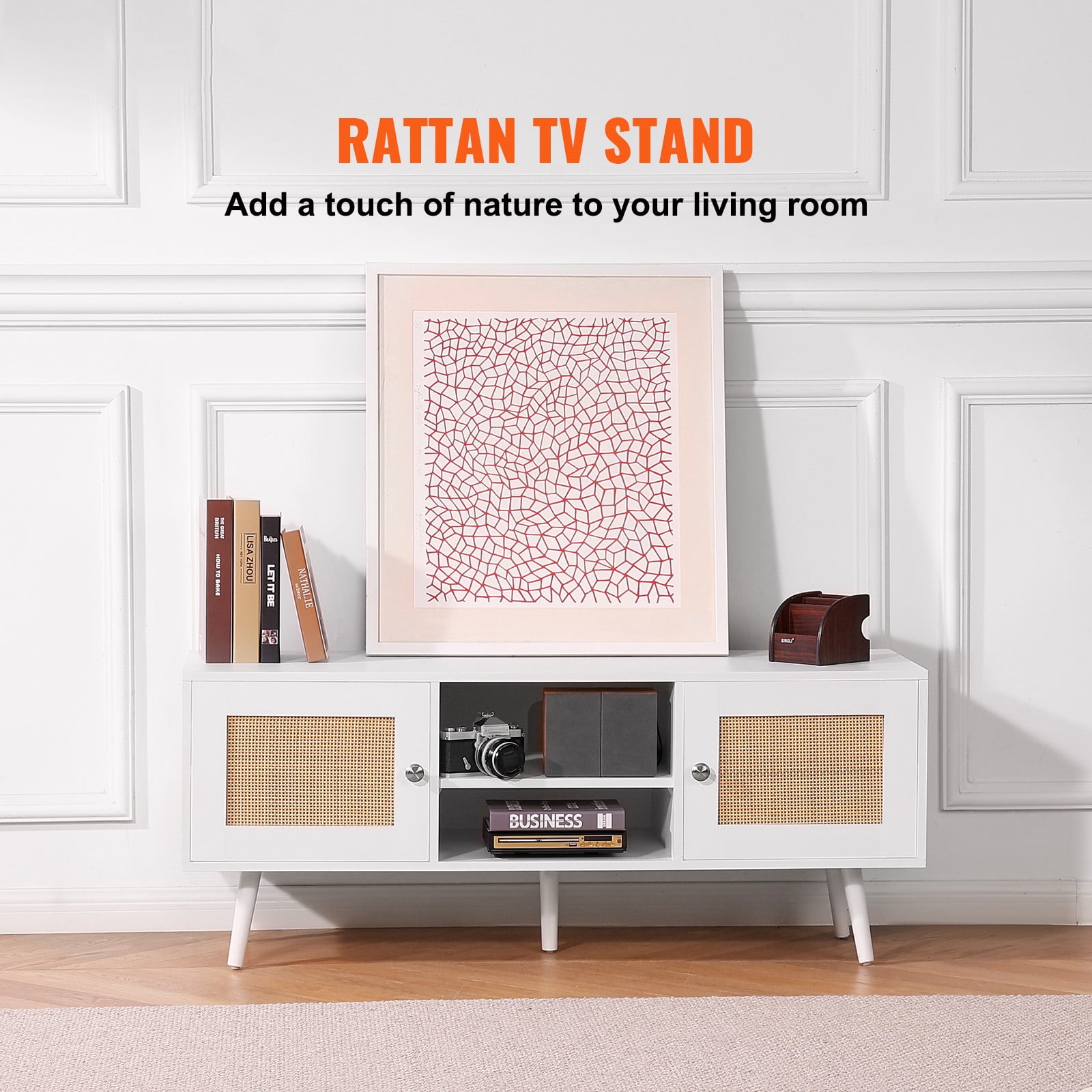 KFFKFF Wicker Television Stand, Bohemian Entertainment Center for 55" TVs, Contemporary Media Console with Flexible Shelving, Ideal for Living Spaces, Media Areas, in White