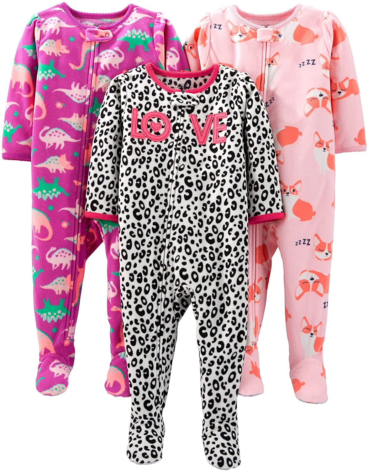 Girls 3Pack Loose Fit Flame Resistant Fleece Footed Pajamas Sleepers