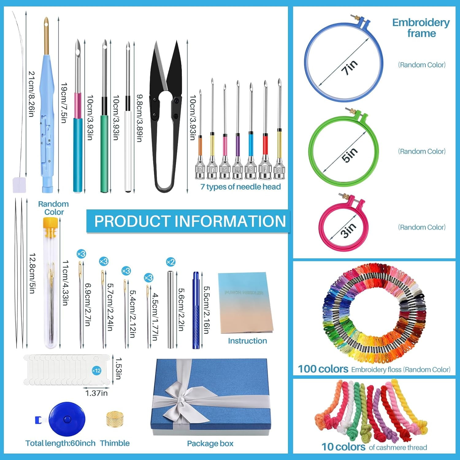 Punch Needle Kit, Punch Needle Tool, Embroidery Thread and Hoops, Punch Needles Kit for Beginners