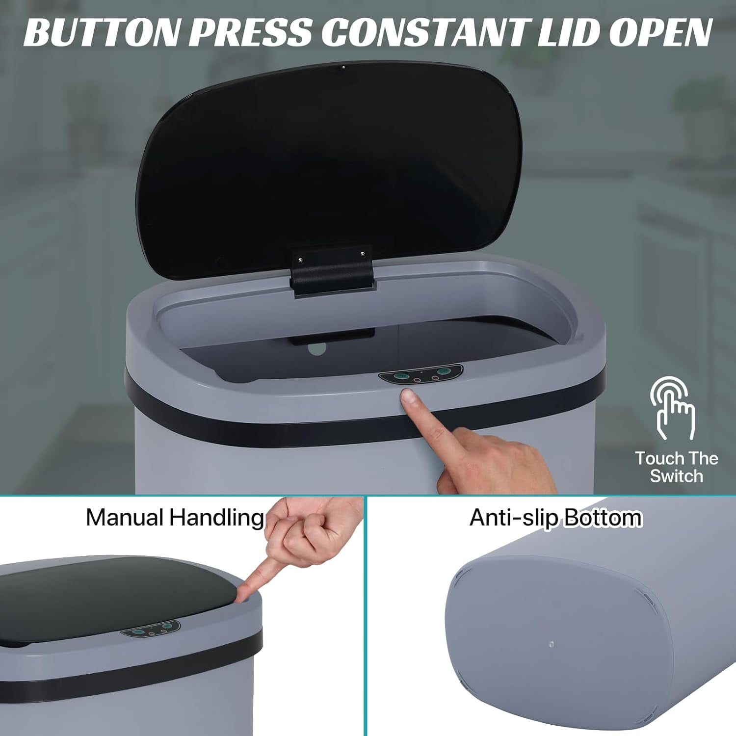Dkelincs 13 Gallon Automatic Trash Can with Motion Sensor 49L Touchless Kitchen Garbage Can with Removable Lid, Waterproof for Home Bathroom, Gray