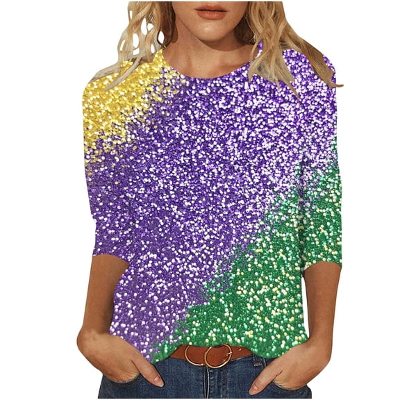 Mardi Gras Shirts for Women 3/4 Sleeve Crew T-Shirt Sequin Sparkly Blouses Funny Holiday Outfits Fat Tuesday Tshirt Mask Graphic Tees Spring Fashion Outfits Trendy Clothes 2026