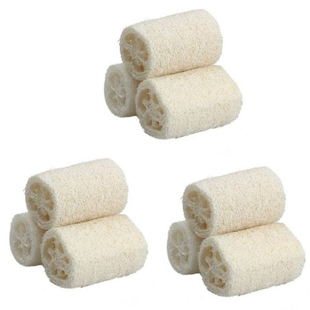 9pzs depurador esponja de ducha de cuerpo de bano estropajo natural (grande) nueve esponjas cilíndricas blancuzcas apiladas, 4 pulgadas, interior fibroso vegetal visible y textura rugosa para exfoliar; use con su jabón o gel favorito; también adecuadas para limpieza del hogar.