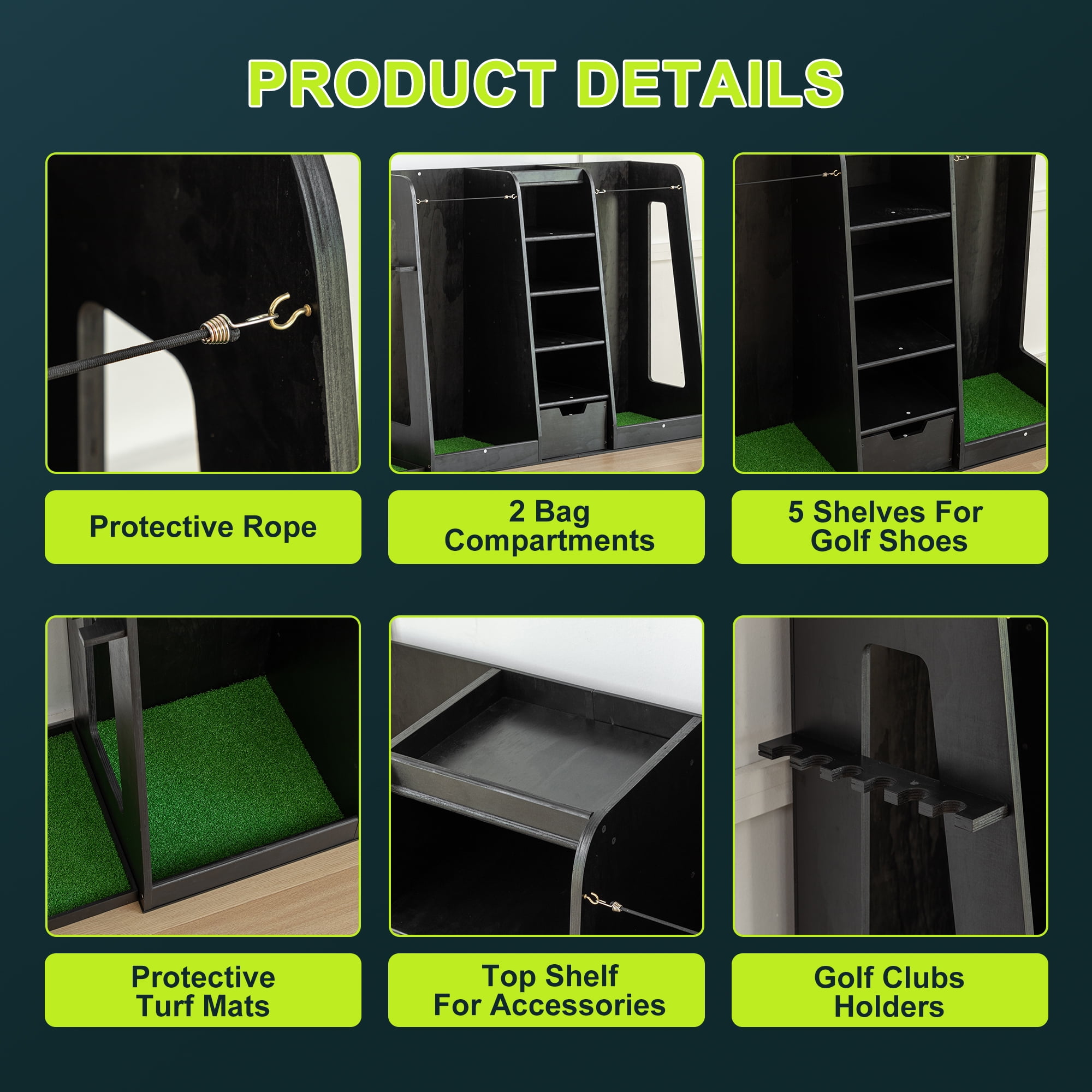 Wooden Golf Storage Rack Golf Bag Organizer with Drawers can hold 2 golf bags, 12 clubs, 4-5 pairs of golf shoes, over 50 golf balls, Versatile for Golf and Sports Equipment