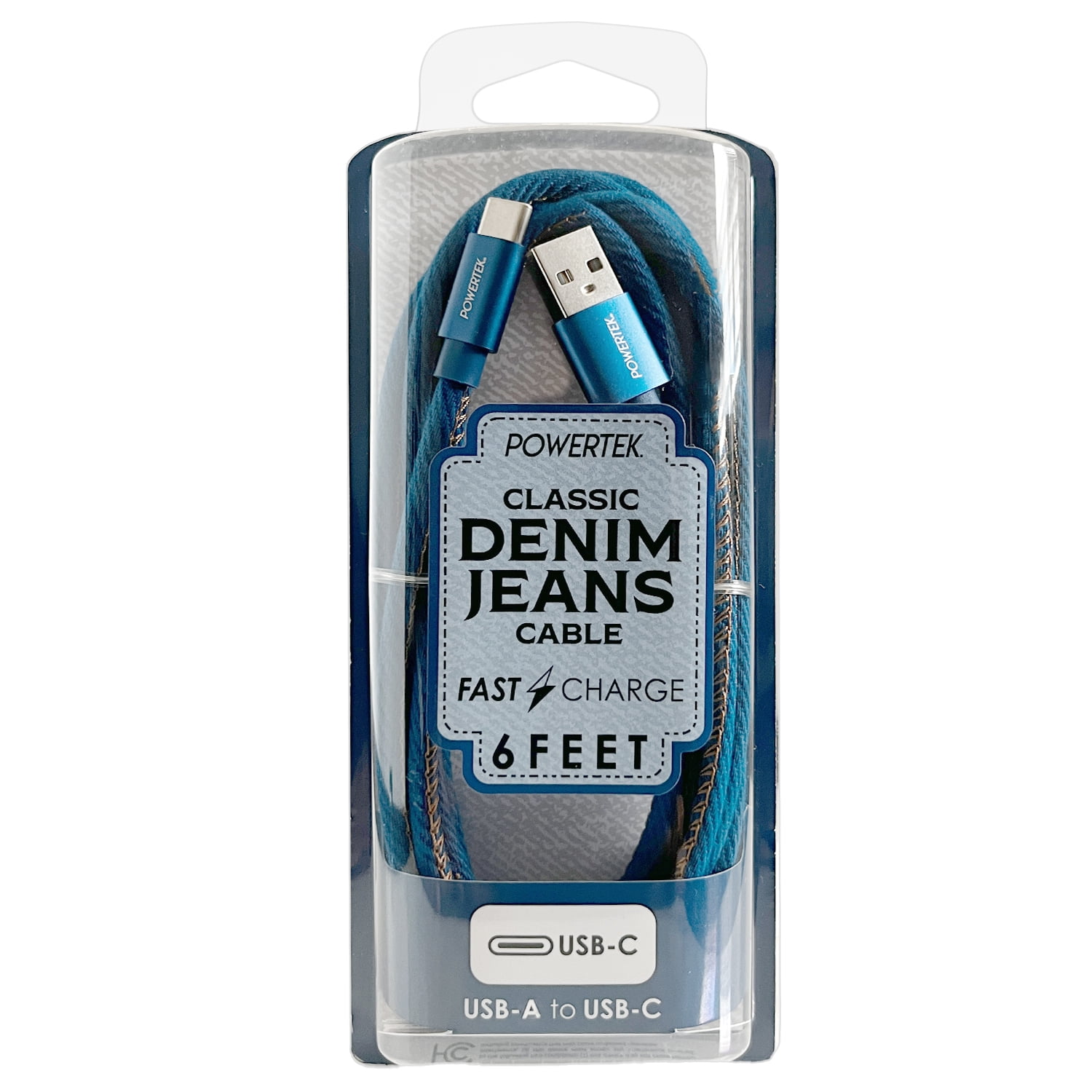 Liquipel Powertek Denim 6' USB-A to USB-C Cable, Blue