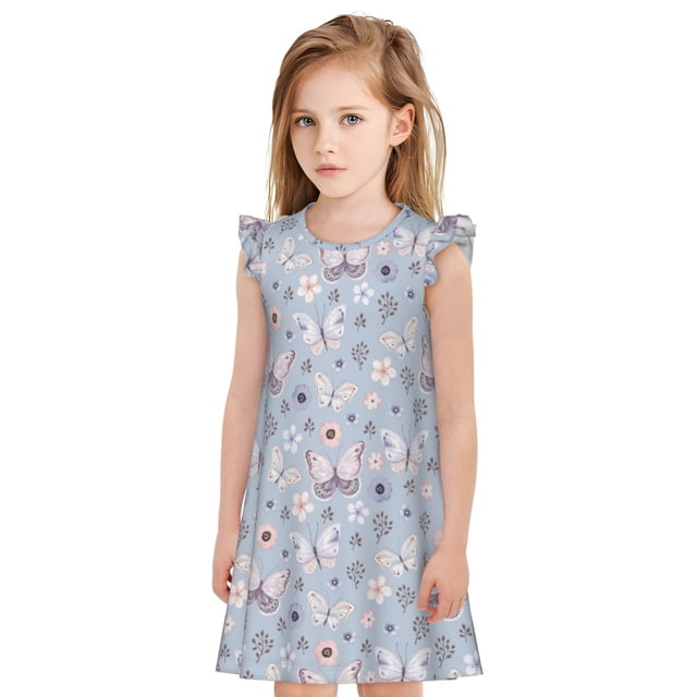 Balery Blue Butterfly Camisón de princesa para niñas, pijama de algodón con mangas abullonadas, suave y bonito.-XX-Large