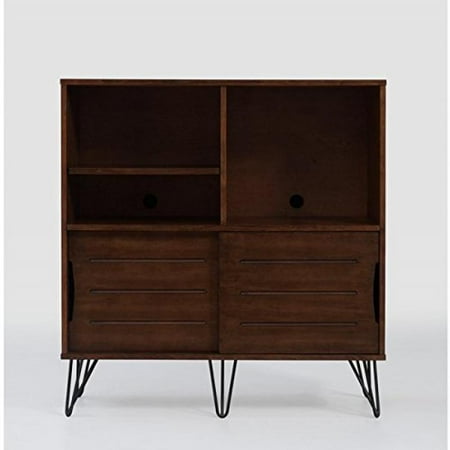 Super Sliding Curve - Modern Industrial Wood Media Cabinets Bookshelf with Sliding Doors and Adjustable Shelf with Curves Metal Legs - Includes Modhaus Living Pen