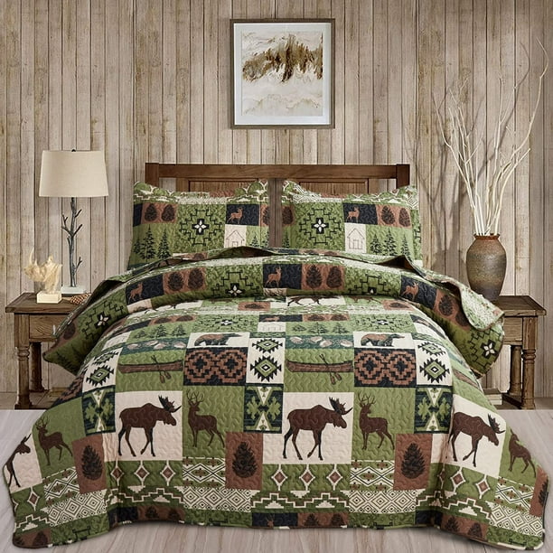 Green Essen Rustic Quilt Sets Queen/Full Size Reversible Lodge Bedding