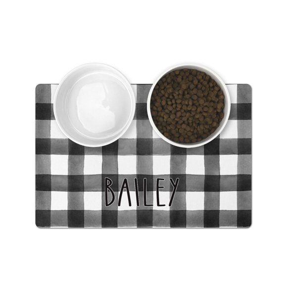 The Navy Knot Personalized Pet Mat - Waterproof & Non-Slip Pet Food Mat with Edges - Cats & Dogs Feeding Mats - Petfood, Water, Dish Bowls Pad - Gifts for Dog & Cat (12x18, Black Gingham)