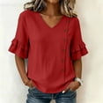 thumbnail image 6 of Ashirexll Short Sleeve Shirts for Women Summer Solid Color V-Neck Three Quarter Pleated Sleeve Button Down Slit Top T-Shirt, 6 of 7