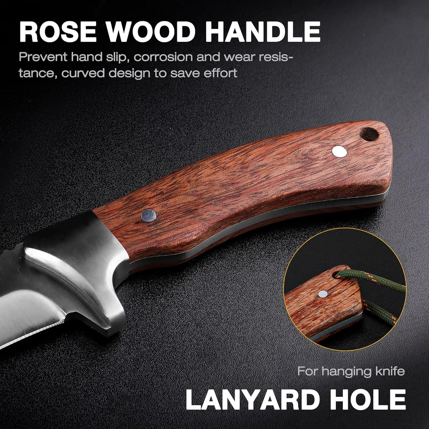 FLISSA Fixed Blade Knife with Sheath, 9.8'' Full Tang Hunting Knife with High Carbon Steel Blade, Non-Slip Rose Wooden Handle, Lanyard Hole, Camping Knives for Hiking, Hunting, Survival, Camping