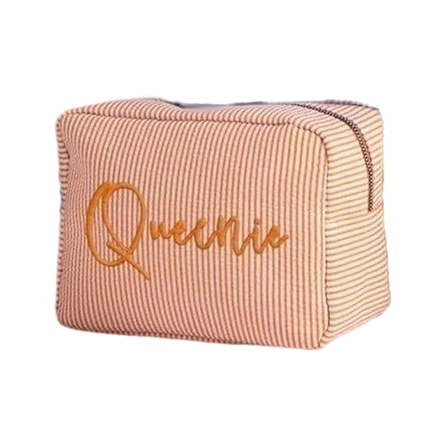 Seersucker bordado con nombre y fecha de nacimiento. Artículos de aseo personal de viaje personalizados. Damas de honor. Boda.