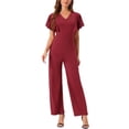 thumbnail image 2 of Mono V de inspiración Chic para mujer, con cintura alta, mangas cortas con volantes, vestido casual elegante, pantalones anchos largos, color burdeos, talla XL, 2 of 6