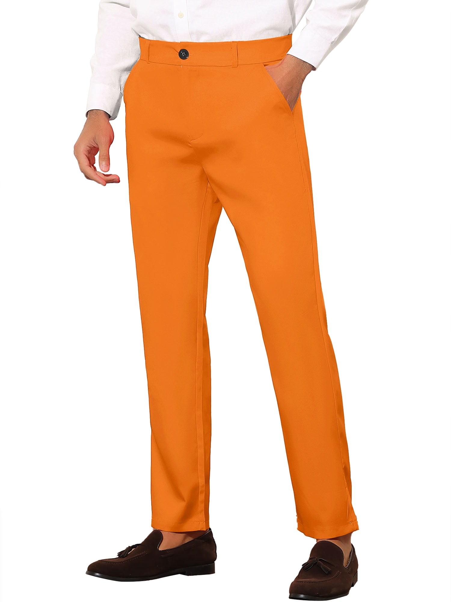 Unique Bargains Men's Slim Fit Trousers Flat Front Solid Color Business Pants 36 Orange