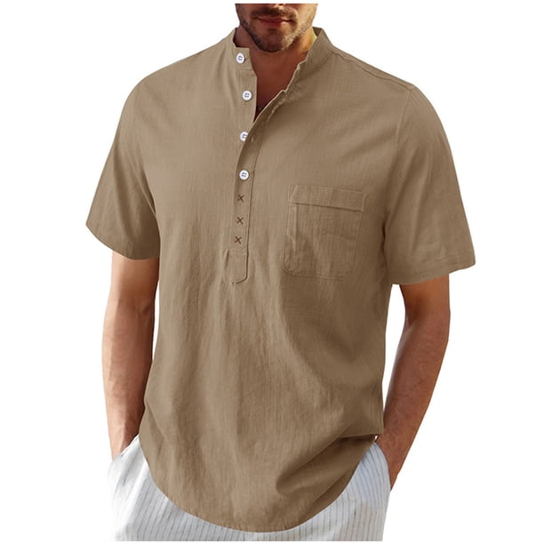 Mens Casual Manga Corta Botón Abajo Camisas, Verano Color Sólido, Cuello de Soporte Bolsillo Camisa Turndown