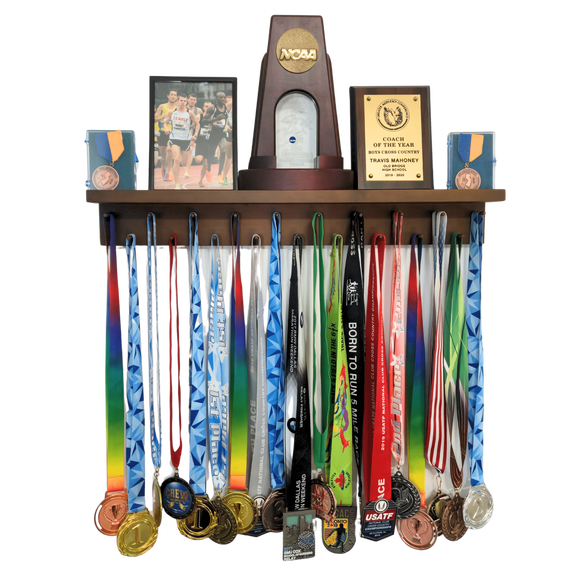 Medal Awards Rack Trophy Shelf and Award Display Rack (24" Walnut) Medal Hanger with Shelf